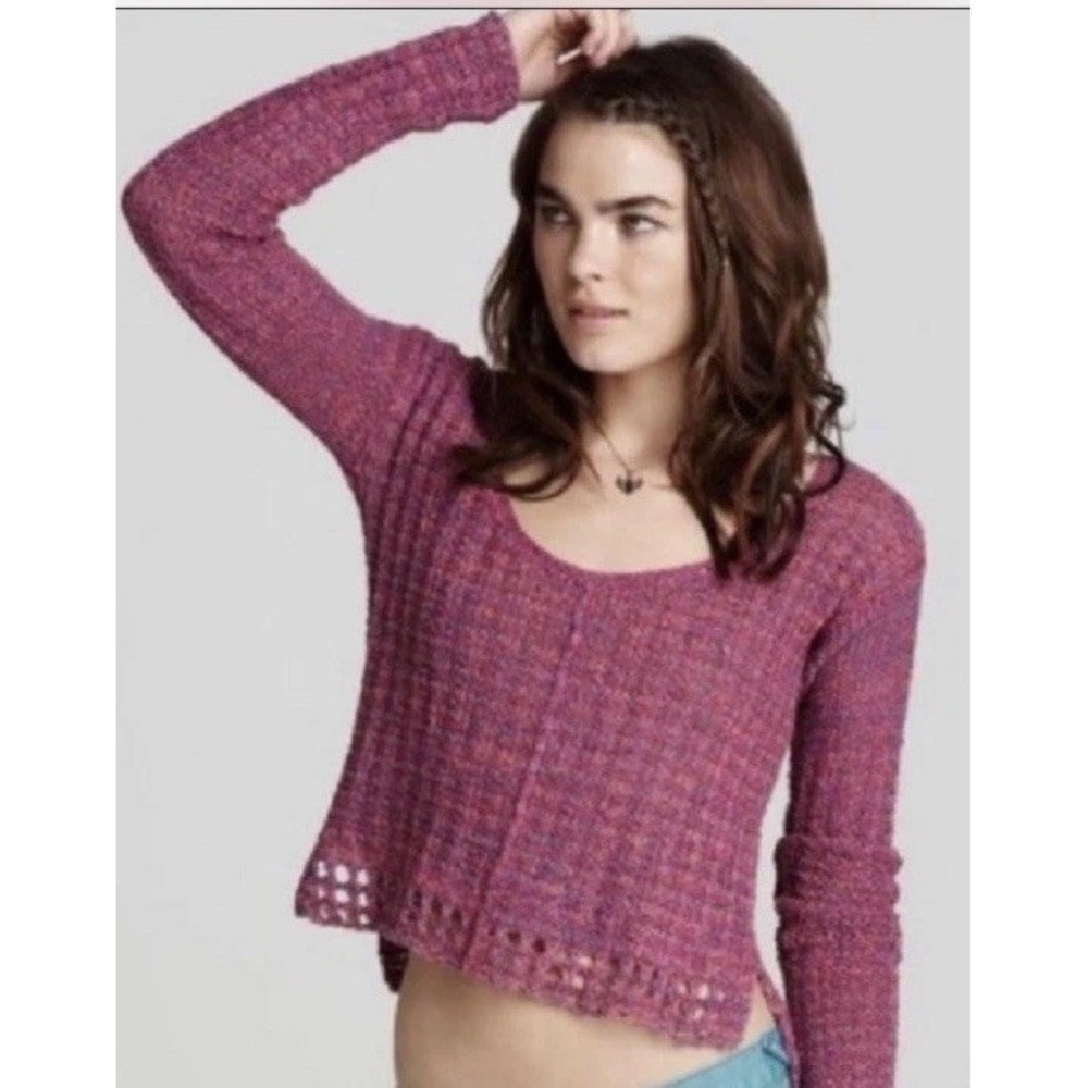 Free People Multicolor Crop Boho Open Knit Hem Cotton Linen Sweater Y2K LG